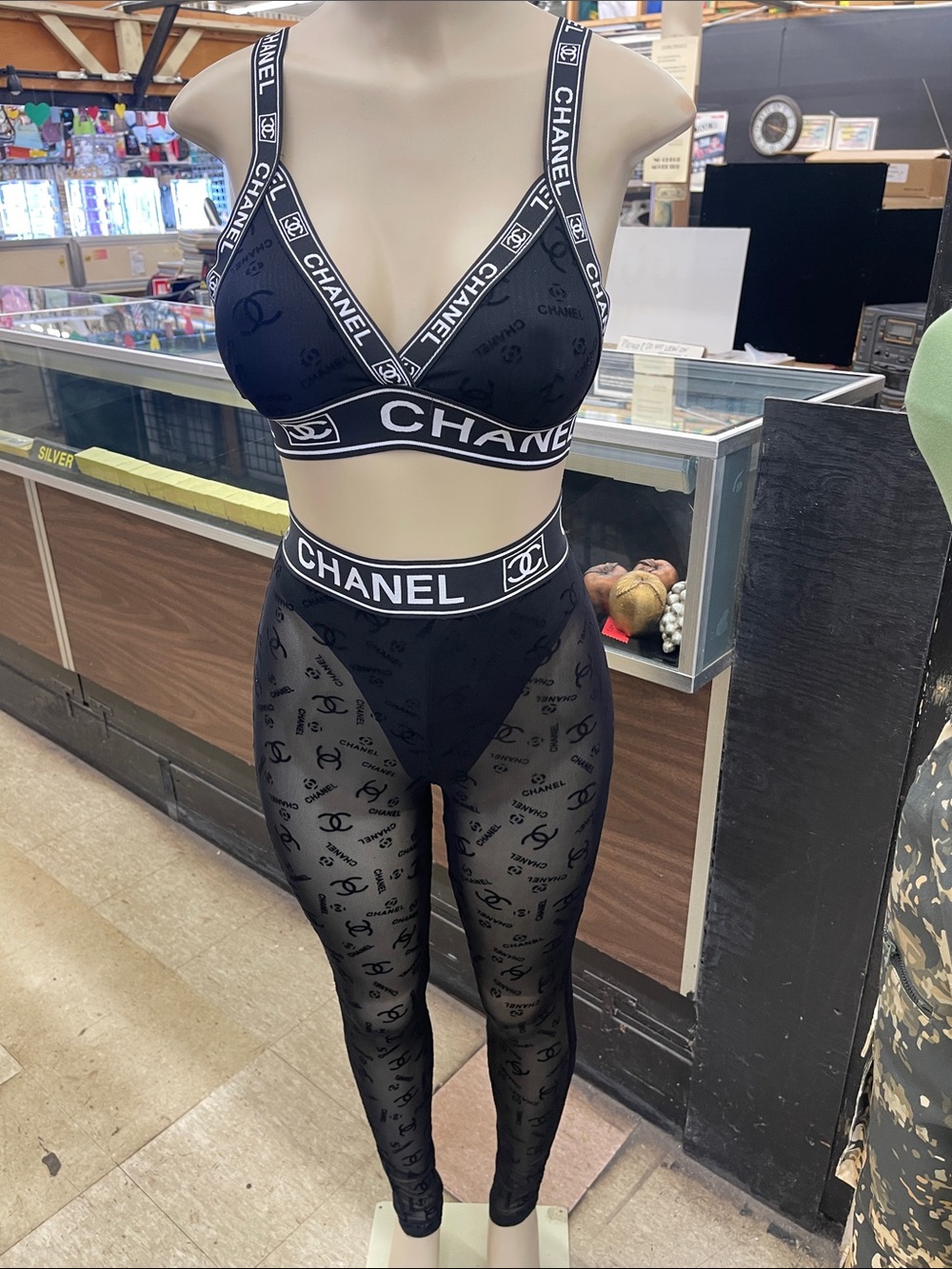 CHANEL Black Logo Sheer High-Waist Leggings with Bralette Set